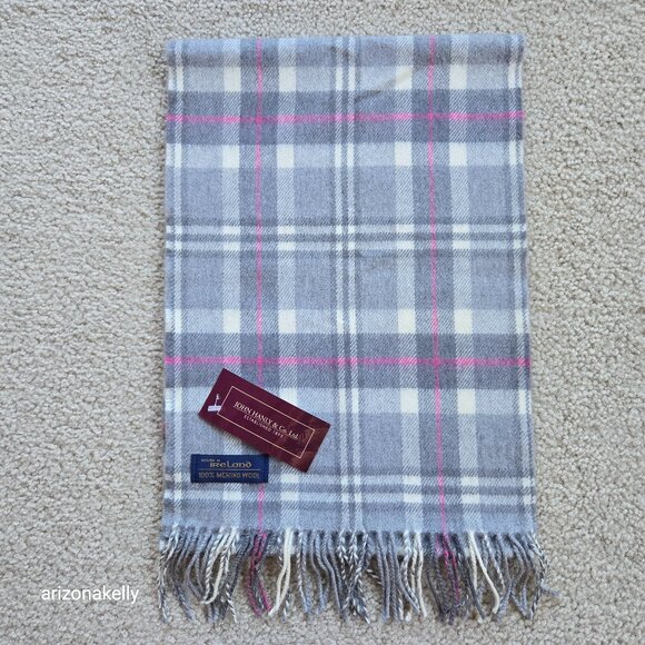 NWT Merino Wool Woven Plaid Scarf John Hanley Pink Grey Ireland - Picture 1 of 7